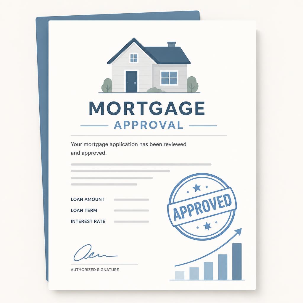 Mortgage approval document with approved stamp and rising rate chart
